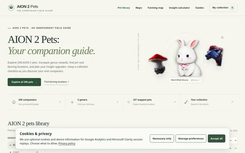 Screenshot of the AION 2 Pets homepage