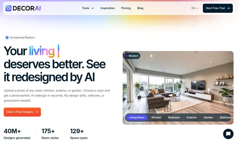 Screenshot of the DecorAI homepage