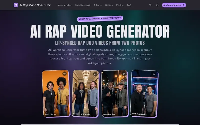 Screenshot of the AI Rap Video Generator homepage