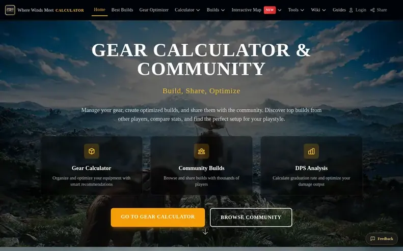 Screenshot of the Where Winds Meet Calculator homepage