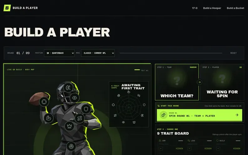 Screenshot of the Build A Player homepage