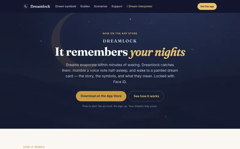 Screenshot of the Dreamlock homepage