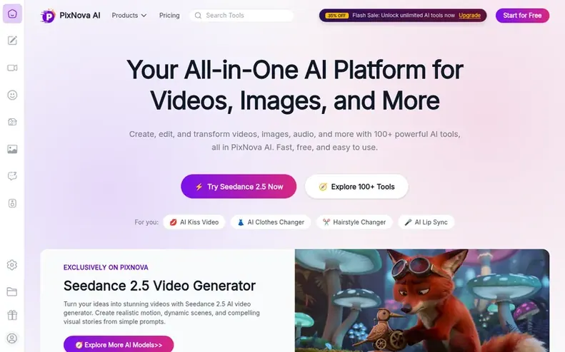 Screenshot of the PixNova AI homepage