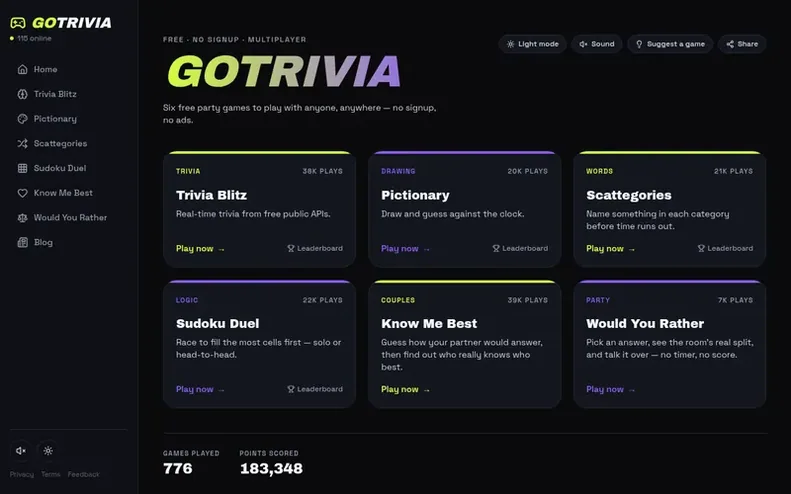 Screenshot of the GoTrivia homepage