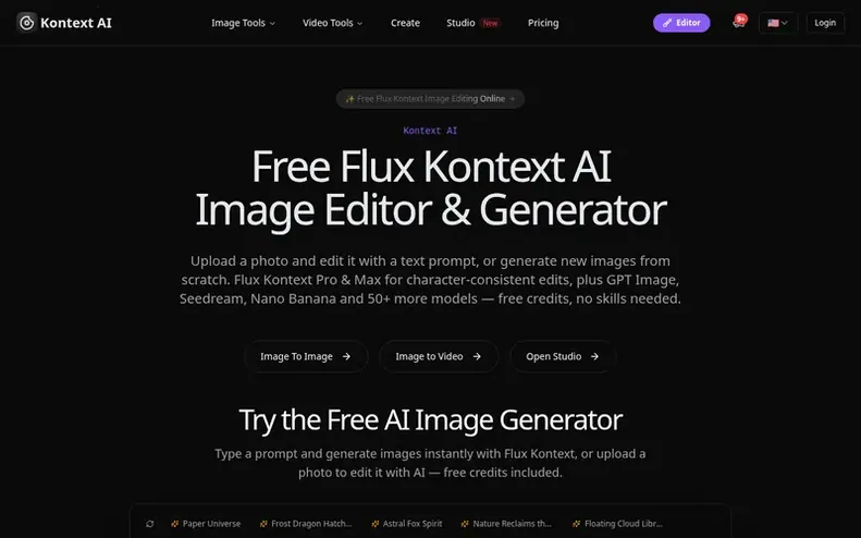 Screenshot of the Kontext AI homepage
