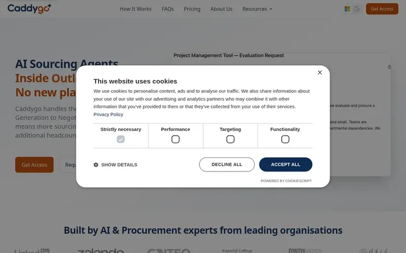 Screenshot of the Caddygo homepage