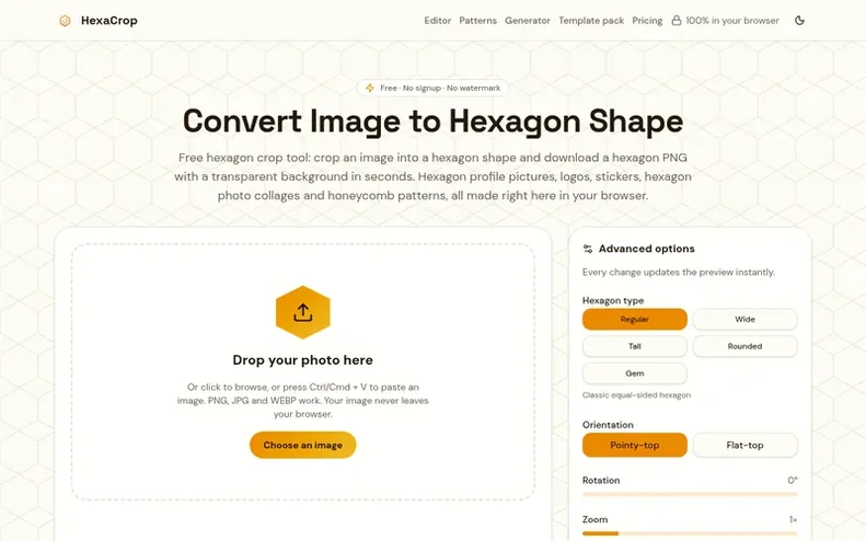 Screenshot of the HexaCrop homepage