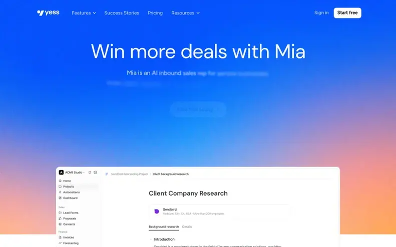 Screenshot of the Yess homepage