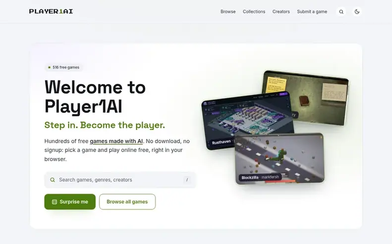 Screenshot of the Player1AI homepage