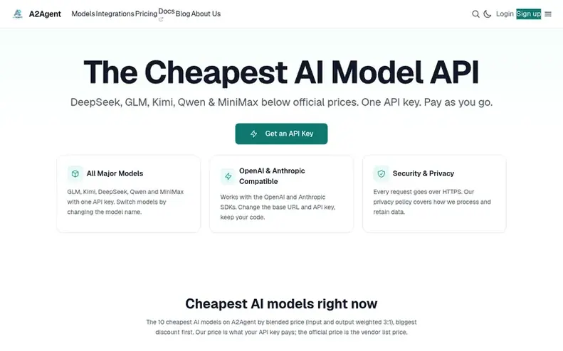 Screenshot of the A2Agent homepage