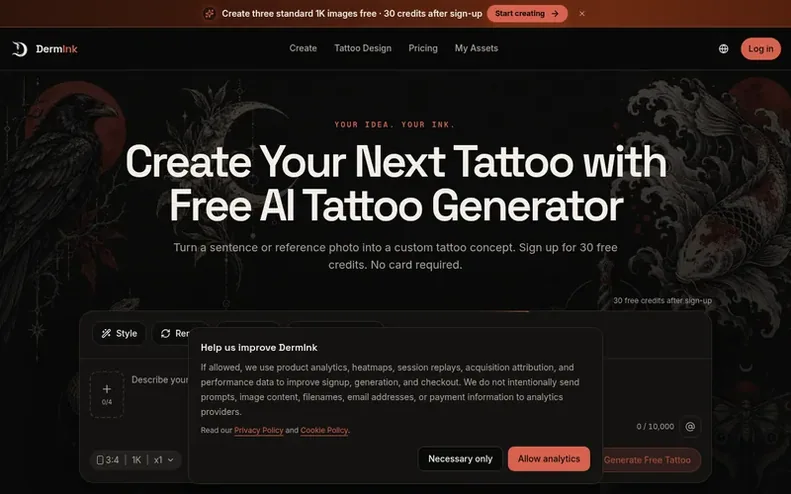 Screenshot of the DermInk homepage