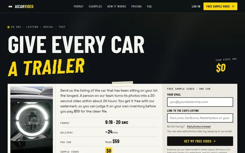 Screenshot of the AI Car Video homepage