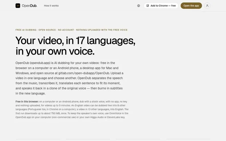 Screenshot of the OpenDub homepage