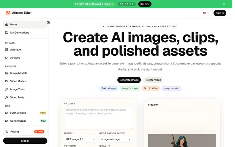 Screenshot of the AI Image Editor homepage