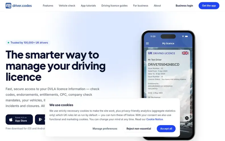 Screenshot of the Driver Codes homepage