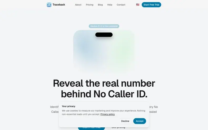 Screenshot of the Traceback homepage