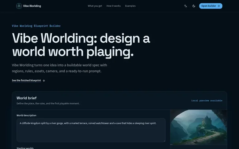 Screenshot of the Vibe Worlding homepage