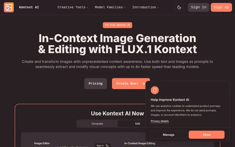 Screenshot of the Kontext AI homepage