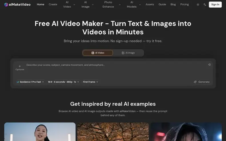 Screenshot of the aiMakeVideo homepage