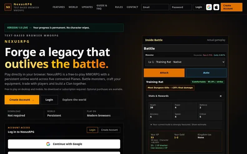 Screenshot of the NexusRPG homepage