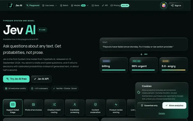 Screenshot of the Jev AI homepage