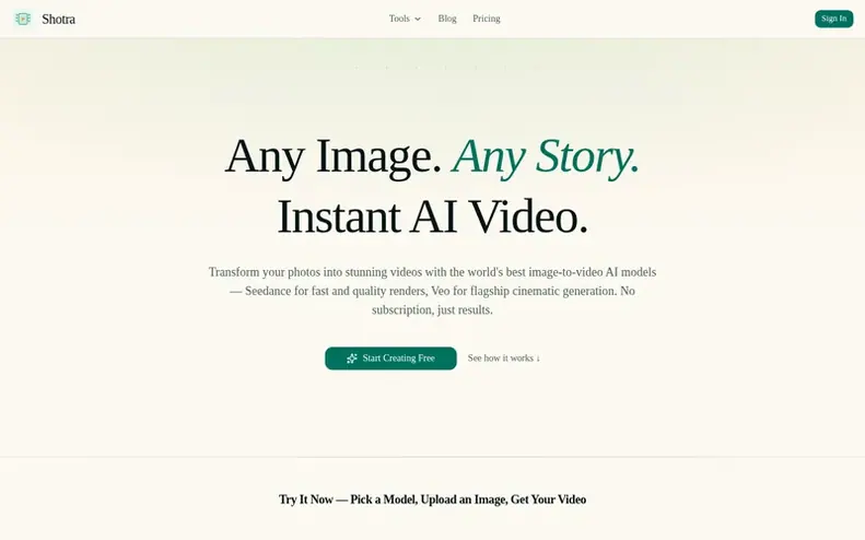 Screenshot of the Shotra homepage