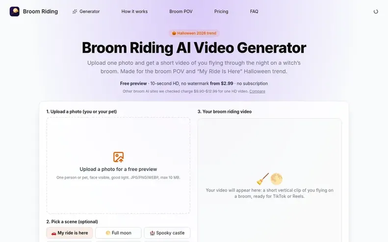 Screenshot of the Broom Riding homepage