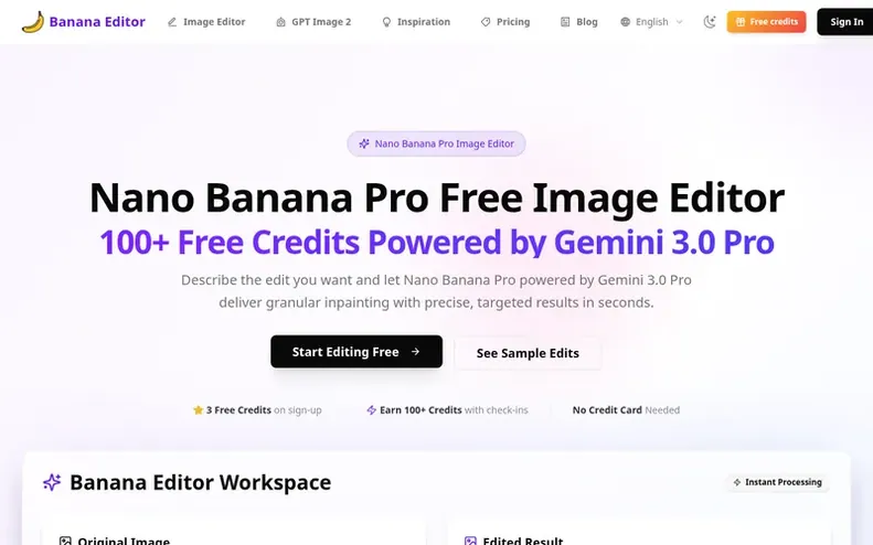 Screenshot of the Banana Editor homepage