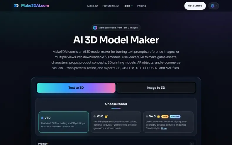 Screenshot of the Make3DAI.com homepage