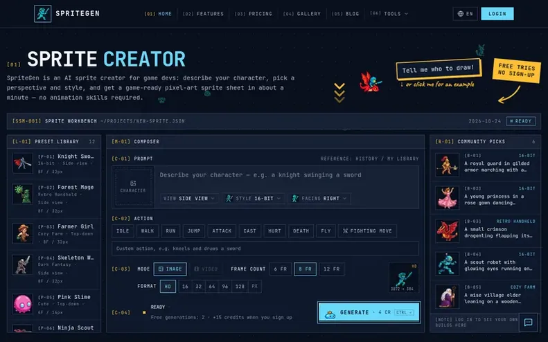 Screenshot of the SpriteGen homepage