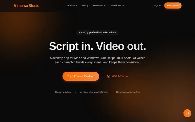 Screenshot of the Vimerse Studio homepage