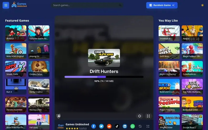 Screenshot of the Games Unblocked homepage