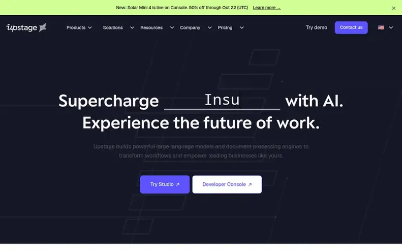 Screenshot of the Upstage AI homepage