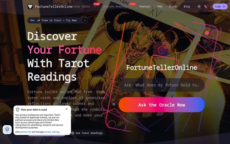 Screenshot of the Fortune Teller Online homepage