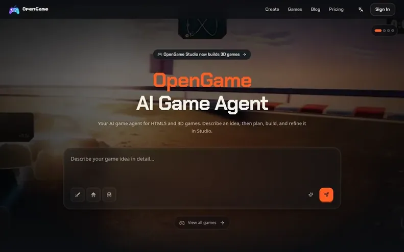 Screenshot of the OpenGame homepage
