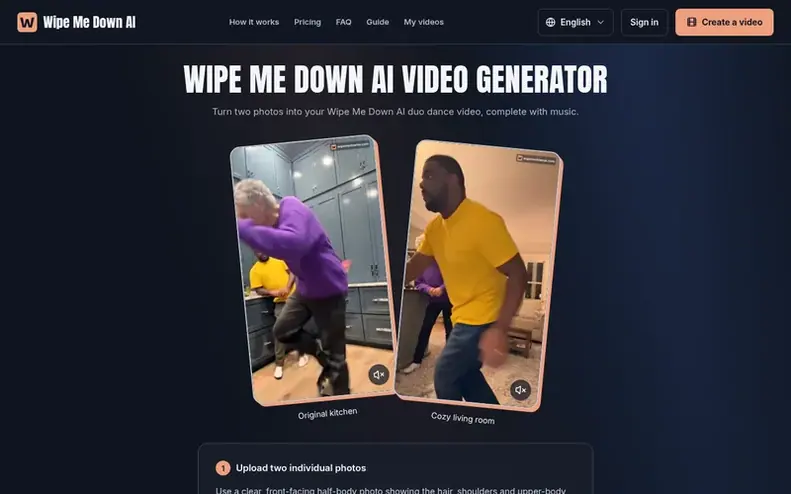 Screenshot of the Wipe Me Down AI homepage