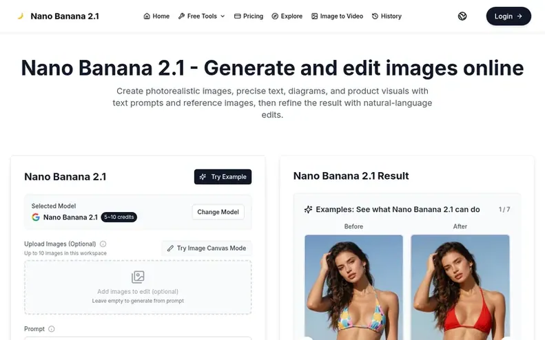 Screenshot of the Nano Banana 2.1 homepage