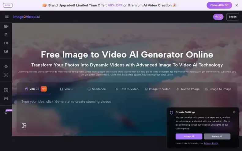 Screenshot of the Image2Video AI homepage