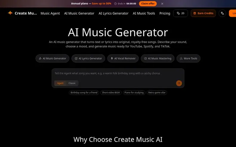 Screenshot of the CreateMusicAI homepage