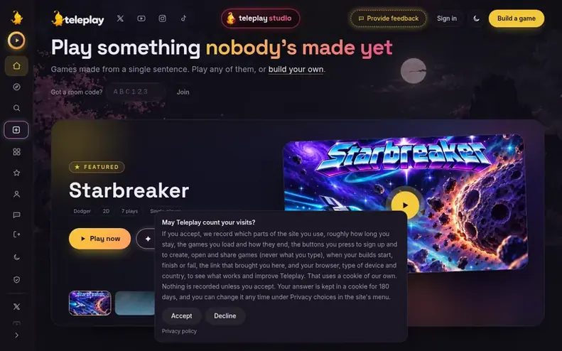 Screenshot of the Teleplay homepage
