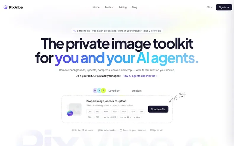 Screenshot of the PixVibe homepage