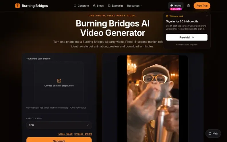 Screenshot of the Burning Bridges AI homepage