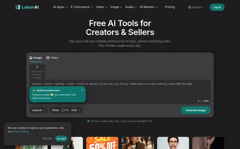 Screenshot of the LubanAI homepage