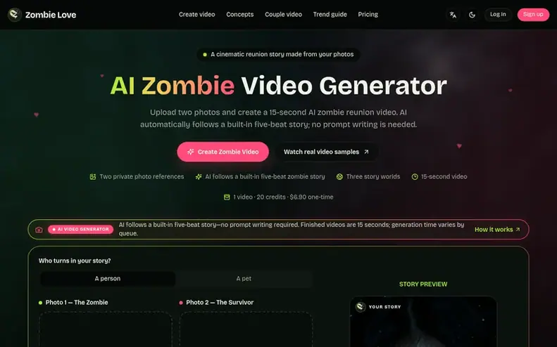 Screenshot of the Zombie Love Studio homepage