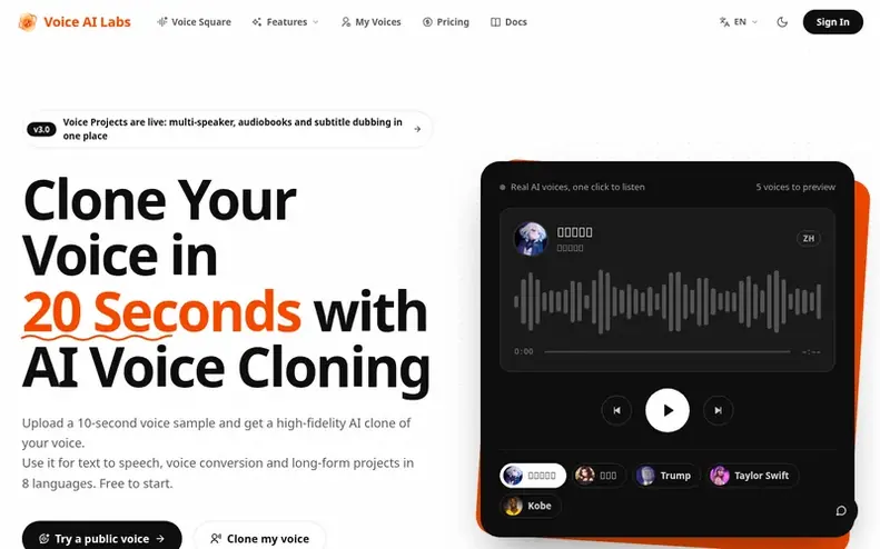 Screenshot of the Voice AI Labs homepage