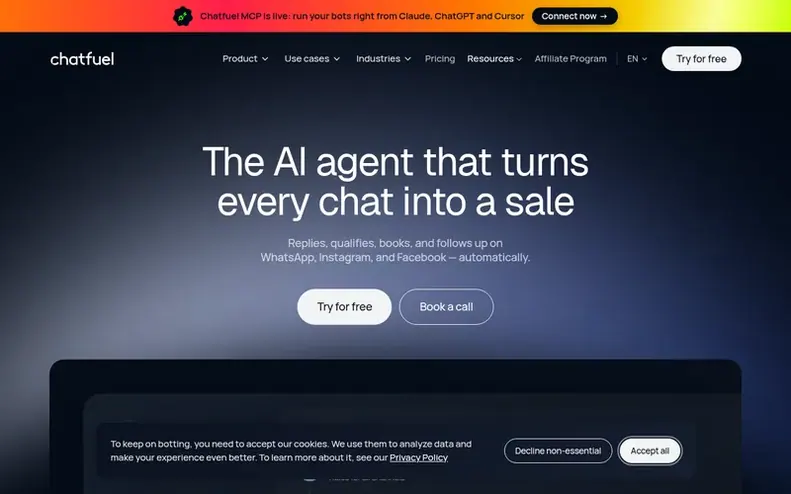 Screenshot of the Chatfuel homepage
