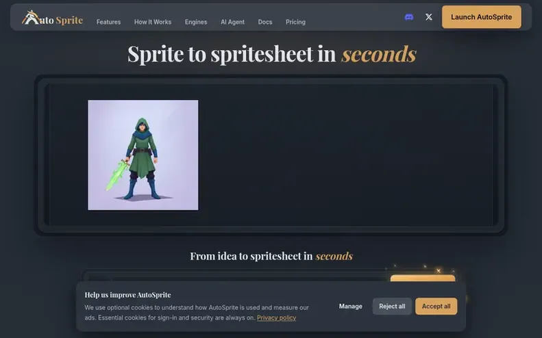 Screenshot of the AutoSprite homepage