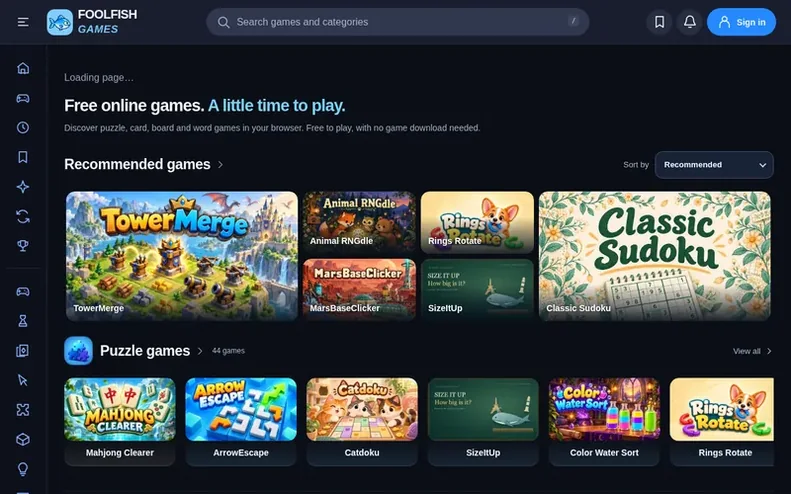 Screenshot of the FoolFish Games homepage