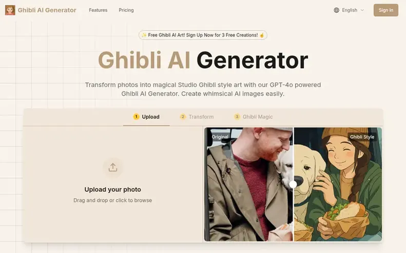 Screenshot of the Ghibli AI Generator homepage