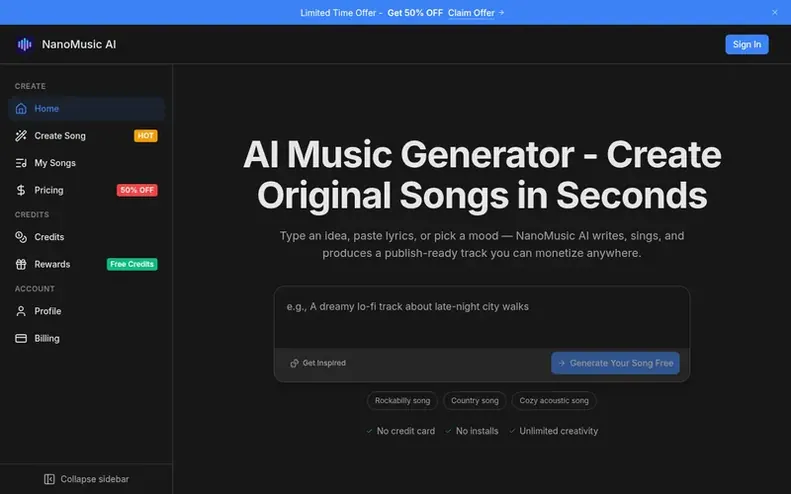 Screenshot of the NanoMusic AI homepage
